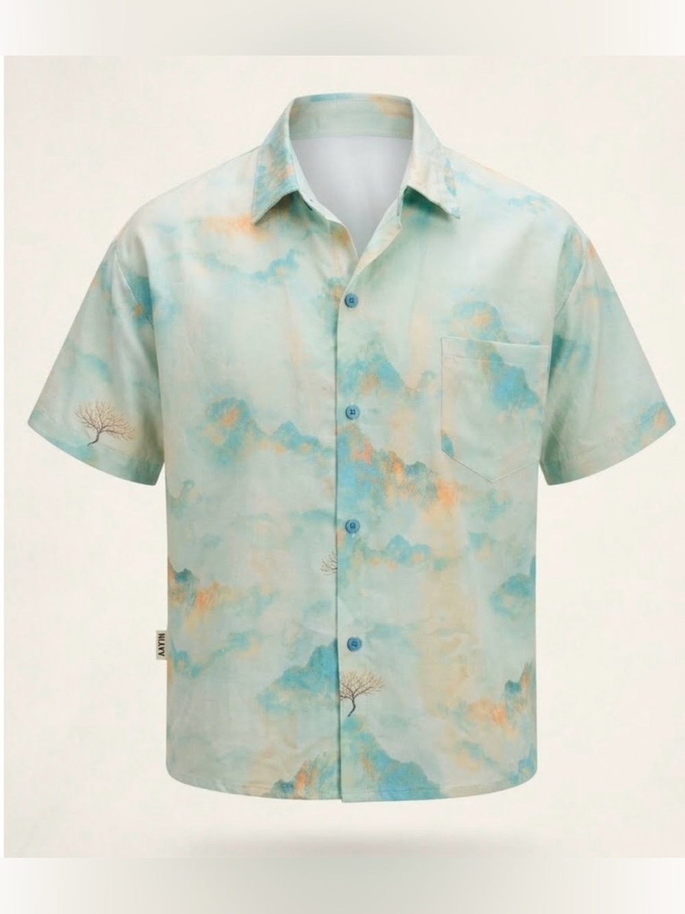 ABYM Casual Short-Sleeve Button-Down Shirt in Mint Watercolor Landscape